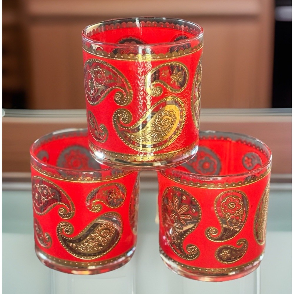 3 Vintage Culver 22K Gold Paisley Red Rocks Glasses MCM Barware 1960's Lowball